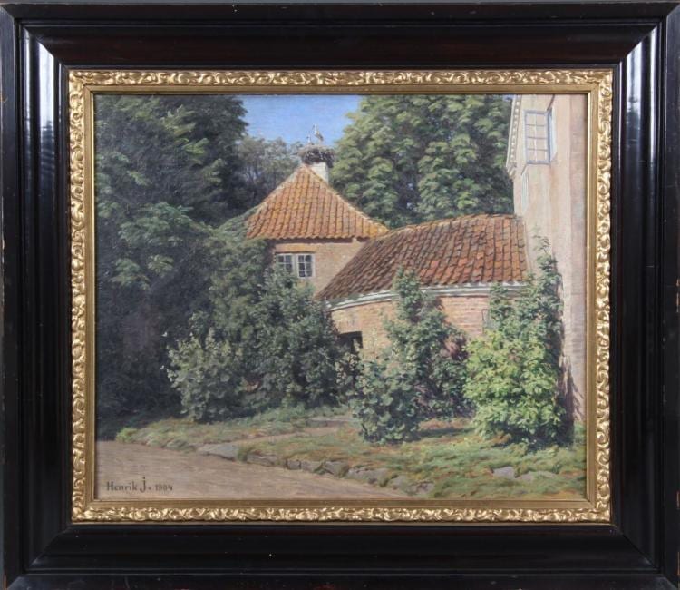 Henrik Jespersen comparable auction result: henrik jespersen 1853 1936 haveparti med hus og storkerede p skorstenen