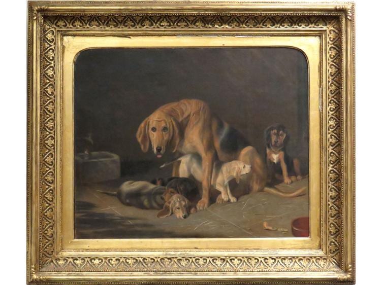 Friedrich Wilhelm Keyl comparable auction result: friedrich wilhelm keyl german 1823 1871 oil on canvas bloodhound mother and puppies 1870 21 1 2 x 26 framed 32 x 37 pg 96 relined