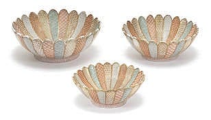 *A set of three nesting Kutani chrysanthemum-form bowls and a pair of Kutani square pear-shaped tokkuri (sake bottles) The sake bottles by Kaburagi, early 20th century sold by Bonhams, lot 36 — auction record photograph