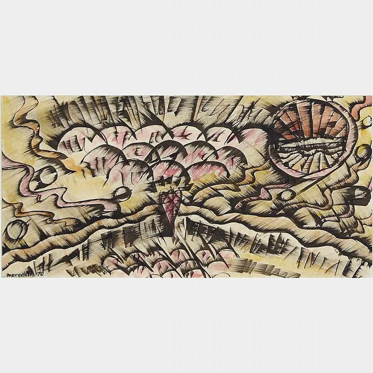 John Meredith comparable auction result: john meredith r c a sketch for ronaldo coloured inks 7 75 ins x 15 5 ins 19 7 cms x 39 4 cms