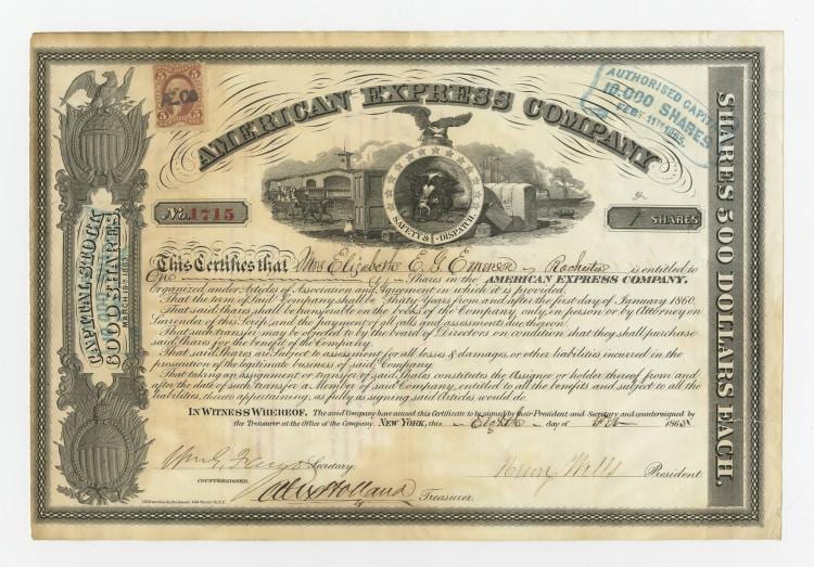 Henry Wells comparable auction result: henry wells william fargo sign an american express stock certificate 1865