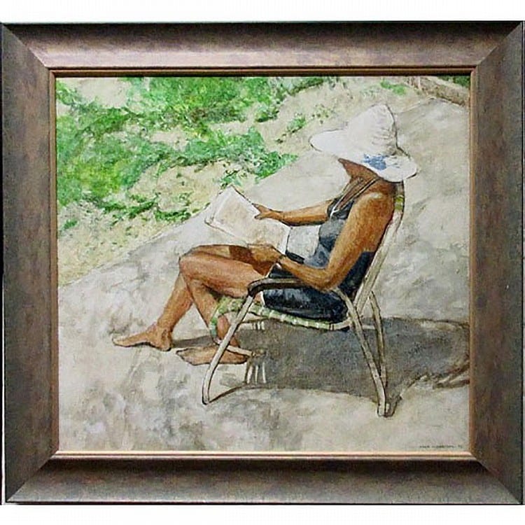 Hugh Douglas Robertson comparable auction result: hugh douglas robertson canadian 1900 1996 lady on a beach reading the newspaper oil on board signed and dated 76 lower left 21 5 x 23 5 54 6 x 59 7 cm