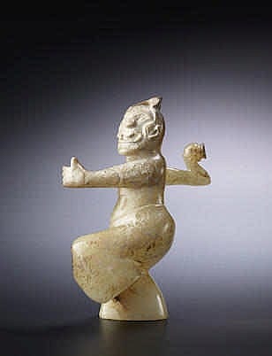 A Rare Pale Green Jade Figure OF A MALE DANCER Eastern Han Dynasty Carved balancing on one foot wit comparable sale