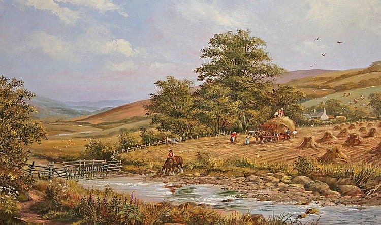 Don Vaughan comparable auction result: don vaughan b 1916 gathering the corn extensive river landscape with f