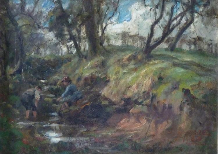 James Riddel comparable auction result: james alick riddel scottish 1857 1928 children fishing in a stream oil on canvas 24cm x 34 5cm