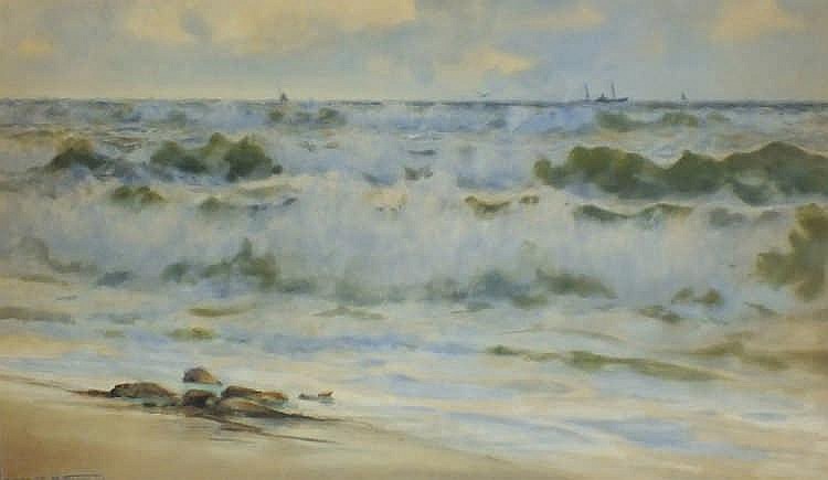 Charles Sim Mottram comparable auction result: charles sim mottram 1852 1919 watercolour the rough rolling surf with distant shipping signed dated 19 03 19 5 x 34 49 5cm x 86 4cm gbp