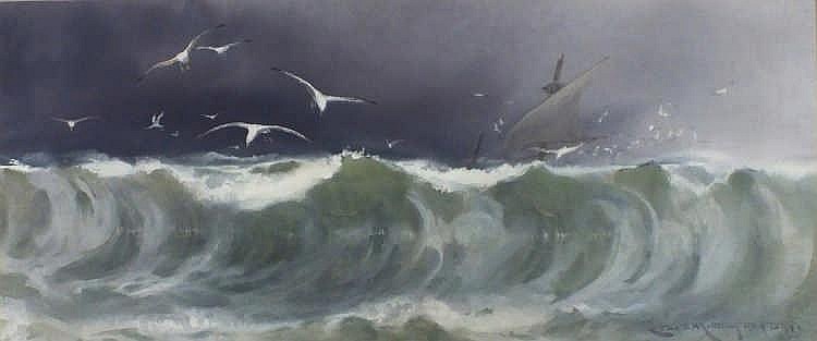 Charles Sim Mottram comparable auction result: charles sim mottram 1852 1919 watercolour riding the storm ship in heavy seas signed dated 1891 10 x 25 25 4cm x 63 5cm gbp