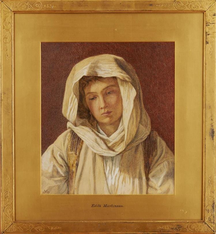 Edith Martineau comparable auction result: edith martineau british 1842 1909 a young girl wearing a headscarf 30cm x 27cm 11 75in x 10 5in