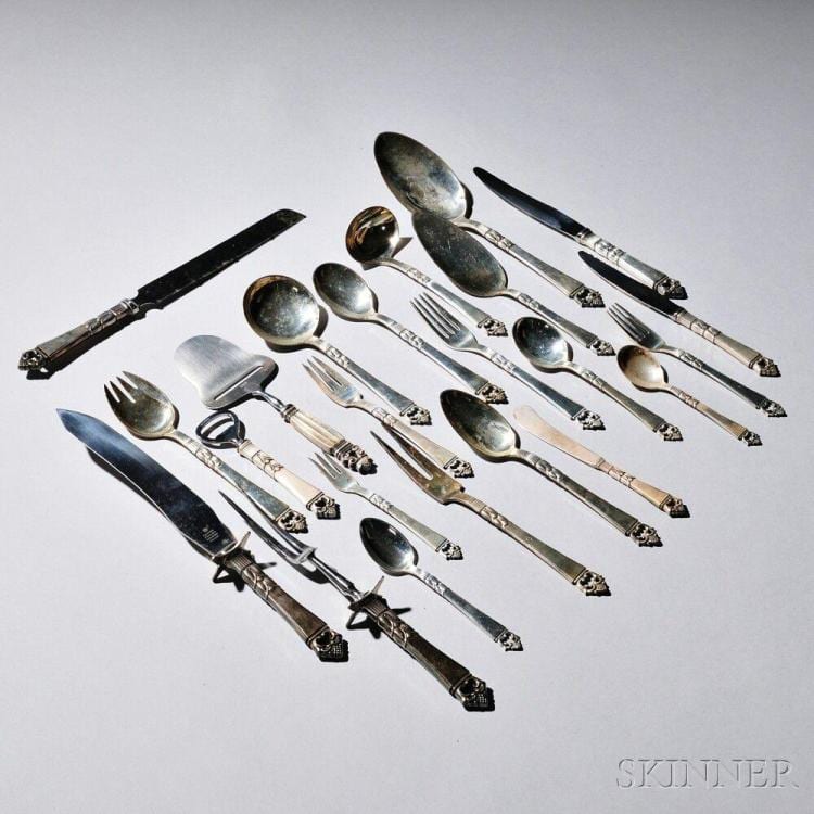 danish danish crown pattern sterling silver flatware service copenhagen mid to late 20th century frigast maker styled after geor · Skinner · 2016-04-08 Georges Woolliscroft Rhead comparable auction result: danish danish crown pattern sterling silver flatware service copenhagen mid to late 20th century frigast maker styled after geor