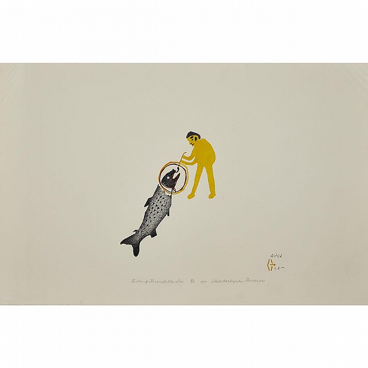 Luke Iksiktaaryuk comparable auction result: luke iksiktaaryuk 1909 1977 fishing through the ice stencil unframed 13 x 20 33 x 50 8 cm