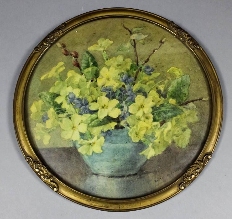 edith alice andrews 19th 20th century british watercolour still life bowl of primroses 8ins diameter signed in full in black in gilt moulded circular frame and glazed · Canterbury Auction Galleries · 2016-04-12 Edith Alice Andrews comparable auction result: edith alice andrews 19th 20th century british watercolour still life bowl of primroses 8ins diameter signed in full in black in gilt moulded circular frame and glazed