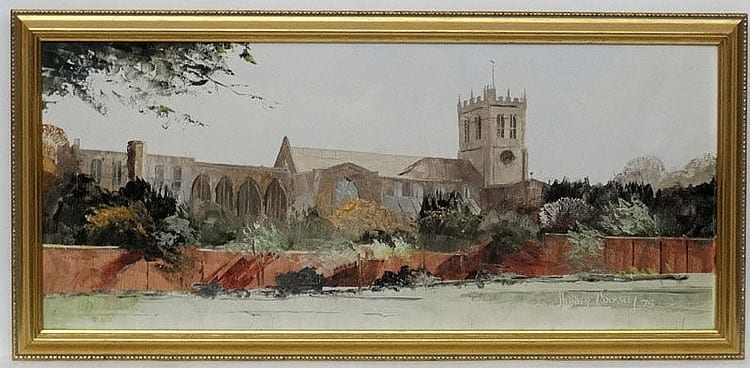 Harley Crossley comparable auction result: harley crossley xx xxi oil on board pallet knife church portrait 19 75 signed and dated lower right artist s stamp verso 9 x 21