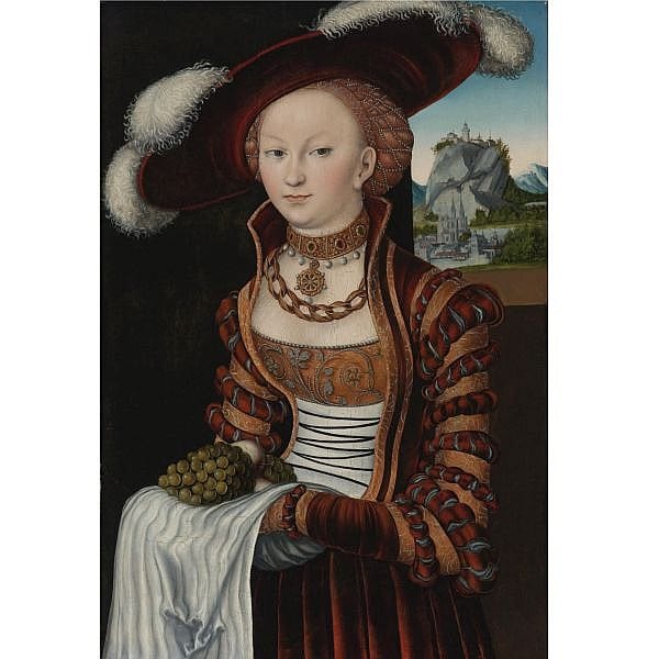 Lucas Cranach the Elder , Kronach 1472 - 1553 Weimar Portrait of a Young Lady Holding Grapes and Apples oil on panel transferred to canvas comparable sale