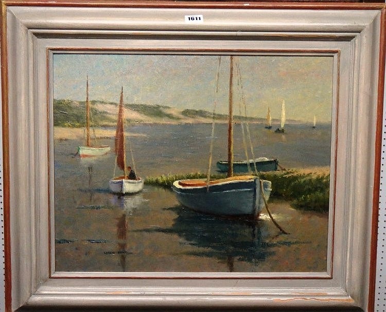 Leslie Kent comparable auction result: leslie kent 1890 1980 estuary scene with boats at at their moorings oil