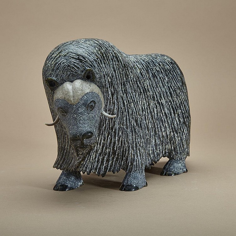 Lucassie Ikkidluak comparable auction result: lucassie ikkidluak lake harbour kimmirut musk ox stone bone antler 8 ins x 13 ins x 5 5 ins 20 3 cms x 33 cms x 14 cms