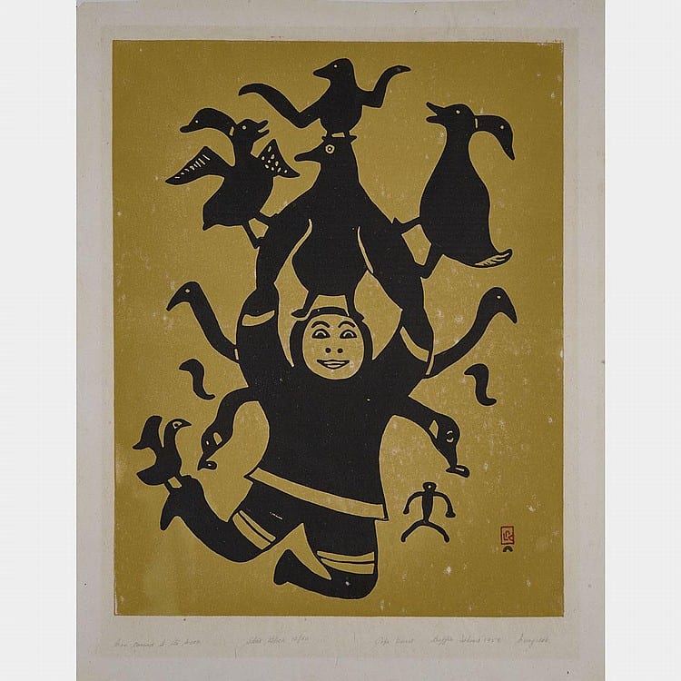 Kellypalik Mangitak comparable auction result: kellypalik mangitak cape dorset kinngait man carried to the moon stonecut unframed 22 75 ins x 17 75 ins 57 8 cms x 45 1 cms