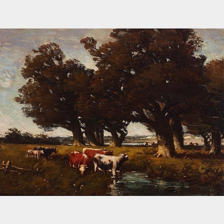 Homer Watson comparable auction result: homer ransford watson o s a p r c a watering cattle morning oil on canvas 18 ins x 24 ins 58 4 cms x 43 2 cms