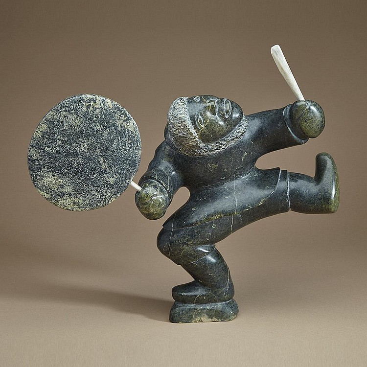 Shaa Axangayu comparable auction result: aqjangajuk shaa r c a cape dorset kinngait drum dancer with lolling tongue stone antler with inset drum 15 5 ins x 10 5 ins x 6 ins 39 4 cms x 26 7 cms x 15 2 cms