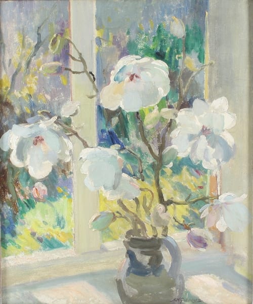 Stanley Horace Gardiner comparable auction result: stanley horace gardiner british 1887 1952 magnolia blossom signed label verso oil on board 60cm x 50cm