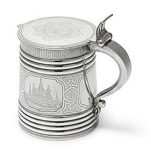 Vasili Levi comparable auction result: a russian 84 standard silver topographical tankard by vasil