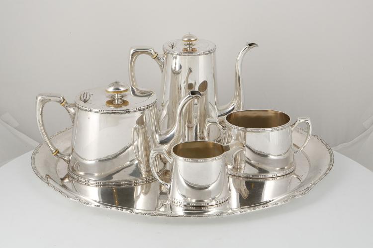 Antique silver tea and coffee service with marks and tray