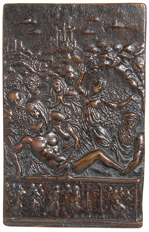 Moderno comparable auction result: moderno late 15th century deposition rectangular bronze plaquette 94mm x 58 4mm at base 60 4mm at top a fine old
