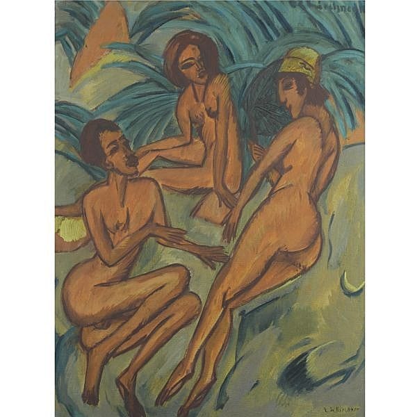 Ernst Ludwig Kirchner , 1880-1938 GRUPPE BADENDER AM STRAND (GROUP OF BATHERS ON THE BEACH) oil on canvas comparable sale