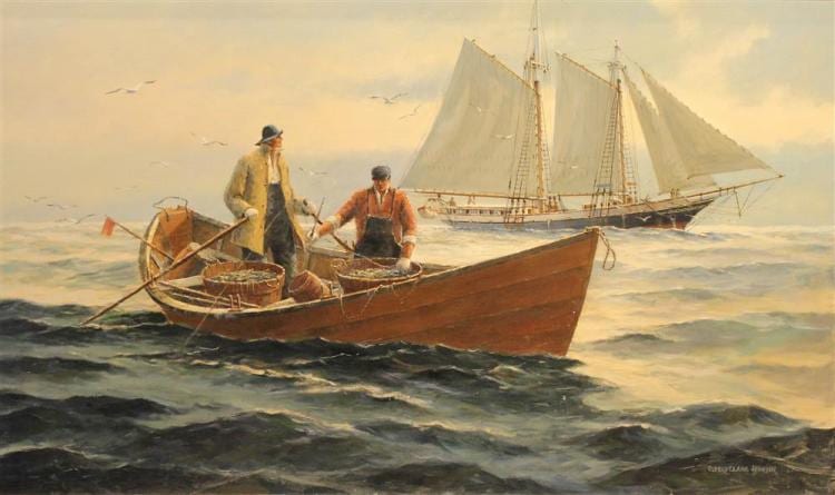 Eldred Clark Johnson comparable auction result: eldred clark johnson american 1926 grand banks dorymen being overtaken by maine windjammer oil on canvas 30 x 50 in