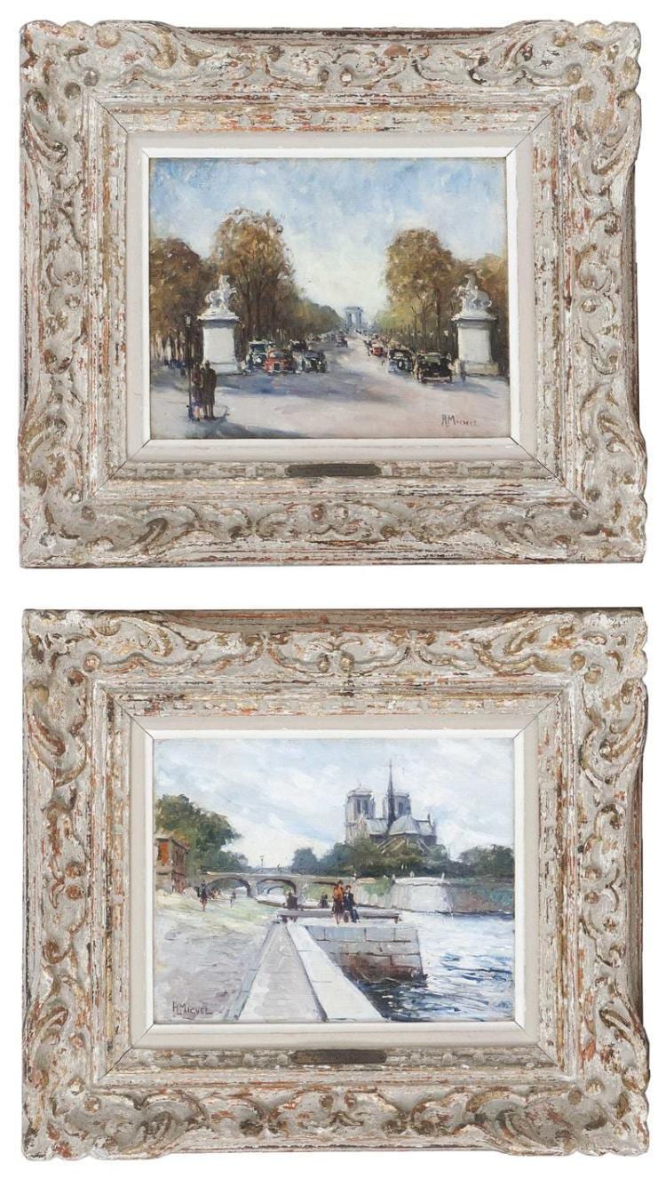 André Michel comparable auction result: andr michel french b 1945 pair of parisian scenes oil on canvas 8 x 9 5 framed 14 x 16