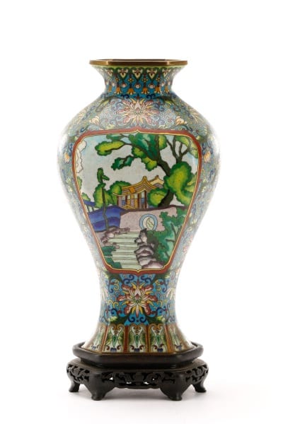 Japanese Cloisonne Vase with Pagoda Motif sold by Ahlers & Ogletree Inc., lot 579 — auction record photograph