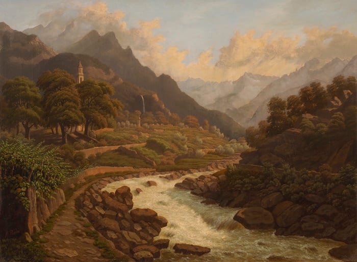 Ambrogio Preda comparable auction result: ambrogio preda alpenlandschaft mit kirche und gebirgsbach
