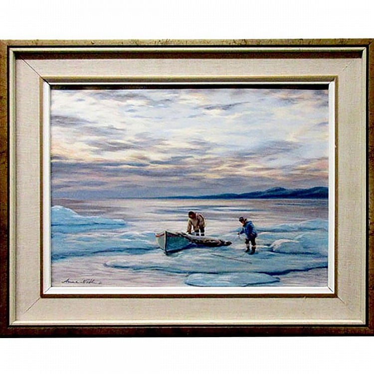 Anna T. Noeh comparable auction result: anna t noeh canadian 1926 sea hunters in cumberland sound oil on card signed and dated 81 lower left signed and titled verso 12 x 16 30 5 x 40 6 cm