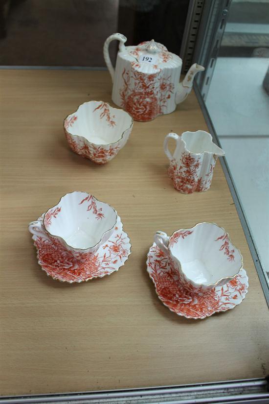 A VICTORIAN ENGLISH FINE CHINA TEA SET for two, comprising two tea cups, a tea pot a sugar bowl and a milk jug. Circa 1863. sold by Raffan Kelaher & Thomas, lot 192 — auction record photograph