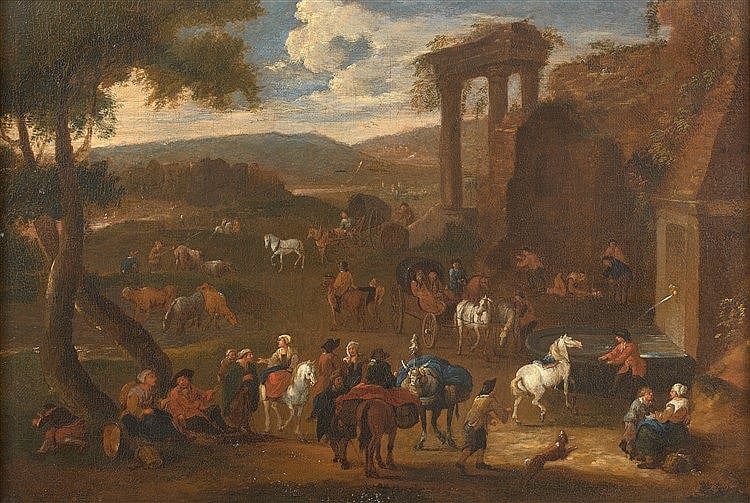 Attributed to Mathys Schoevaerdts (Bruxelles 1665- après 1702)Villagers, farmers and the bohemains in the fountain near antique ruins- Oil on canvas (Restorations) - H. 33,3 – L. 48,5 -Expert : Monsieur Patrice Dubois - 01 45 23 12 50 sold by Expertisez Enchères, lot 7 — auction record photograph