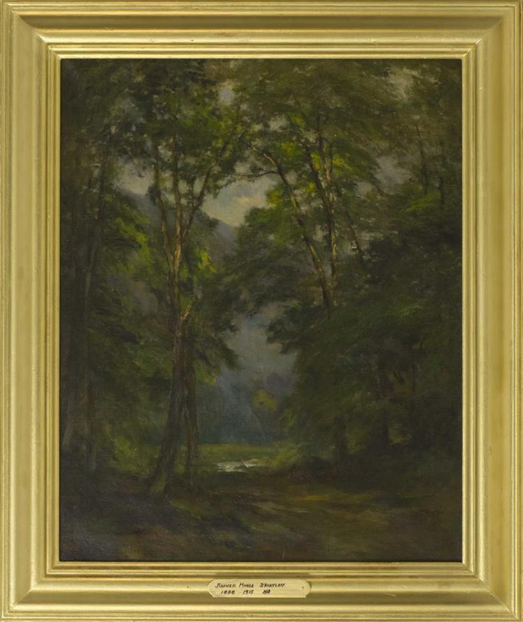ROSWELL MORSE SHURTLEFF, New Hampshire, 1838-1915, Forest stream with a mountain in the distance., Oil on canvas, 25" x 20". Framed... sold by Eldred's, lot 108 — auction record photograph
