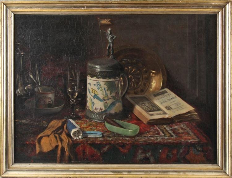 Jules-Elie Delaunay comparable auction result: elie delaunay 1828 1891 opstilling med l gkrus glas kop messingfad og gr n sk l p orientalsk t ppe