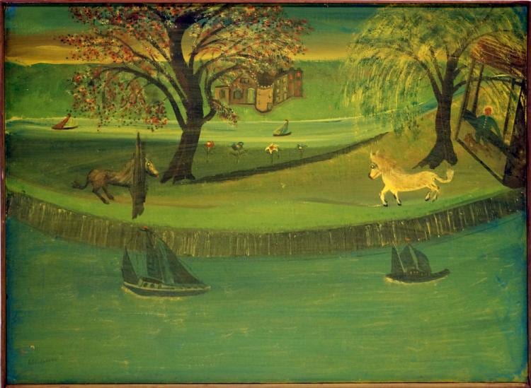 Bruno del Favero comparable auction result: bruno del favero american 1910 1995 oil on masonite lake with boats horses signed and 150 framed 32 x 39 1 2