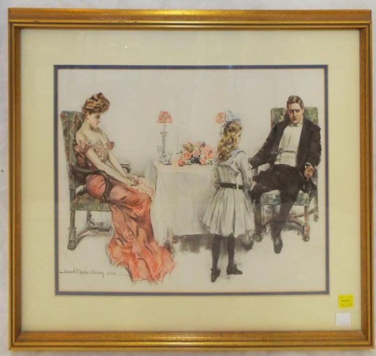 Framed color print of a seated woman, a child, and a man in formal dress around a small table.