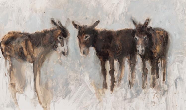 Anthony Amos comparable auction result: anthony amos 1950 2010 three donkies signed bottom right oil on boar