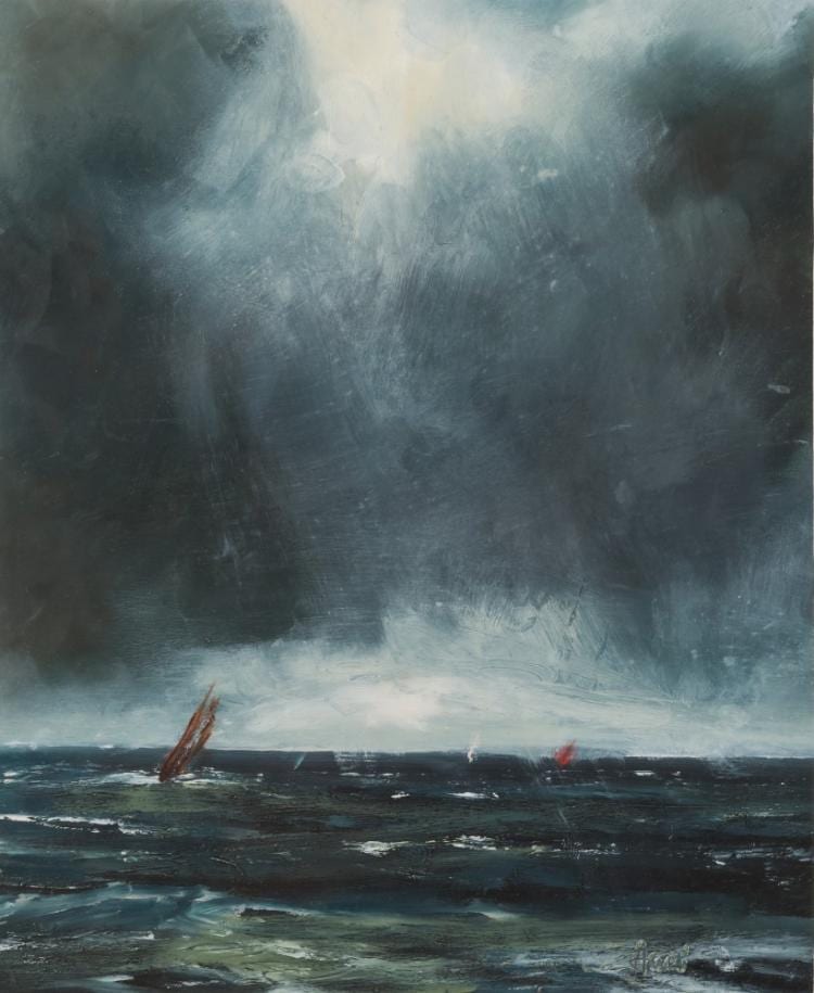 Anthony Amos comparable auction result: anthony amos 1950 2010 yachts on the edge of a storm signed bottom r