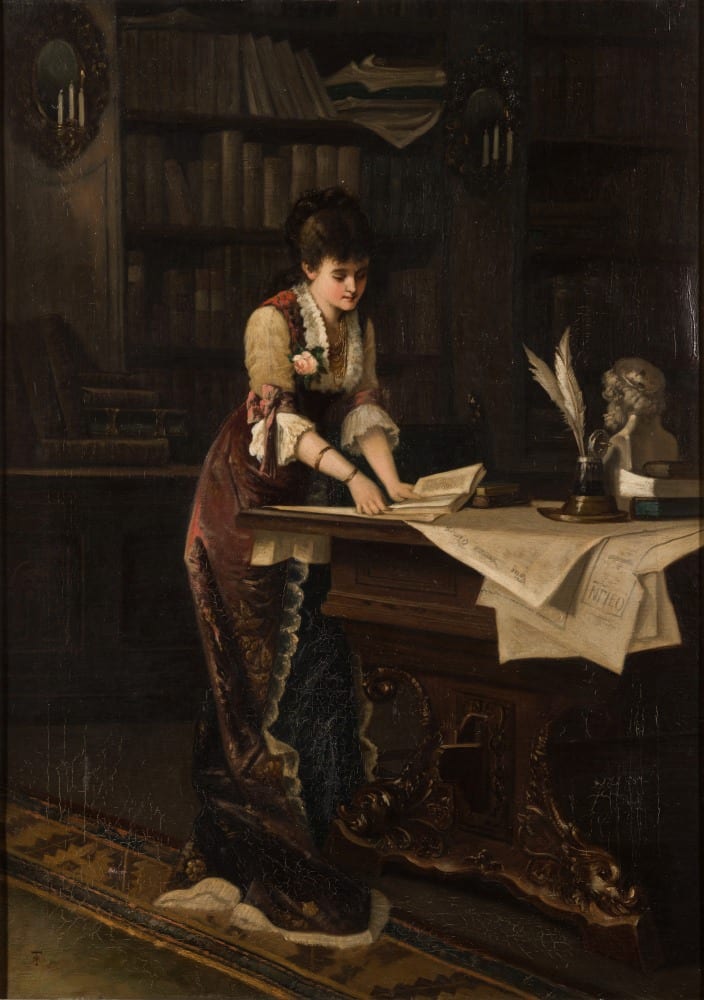Thomas Musgrave Joy comparable auction result: thomas musgrave joy 1812 1866 young lady studying in a library interior