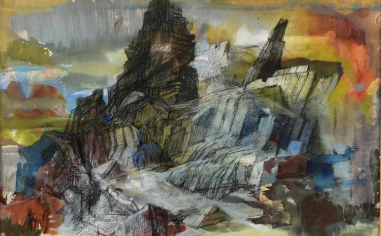 Ray Howard Jones comparable auction result: ray howard jones gouache traeth llewelyn rocks