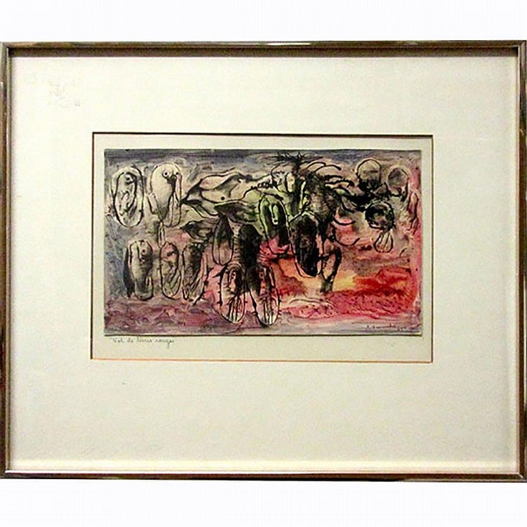 Albert Dumouchel comparable auction result: albert dumouchel canadian 1916 1971 vol de levres rouges ink watercolour titled off sheet lower left signed and dated 52 lower right sheet 6 5 x 11