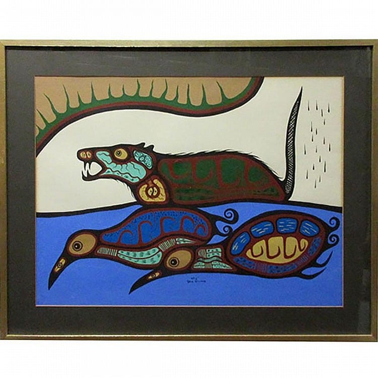 Saul John Williams comparable auction result: saul williams native canadian 1954 muskrat and rain acrylic on paper signed lower middle sight 17 5 x 23 5