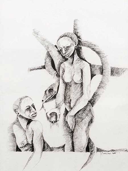 Nathaniel Mokgosi comparable auction result: nathaniel mokgosi sa born 1946 mixed media the fallen adam signed dated 85 titled verso 50 x 34