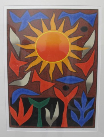 Auction comp thumbnail for John Coburn artist proof print Sun Music signed and dated 1989 below image measures 73.5cms x 55.5cm (Lugosi Auctioneers & Valuers, Lot 186)