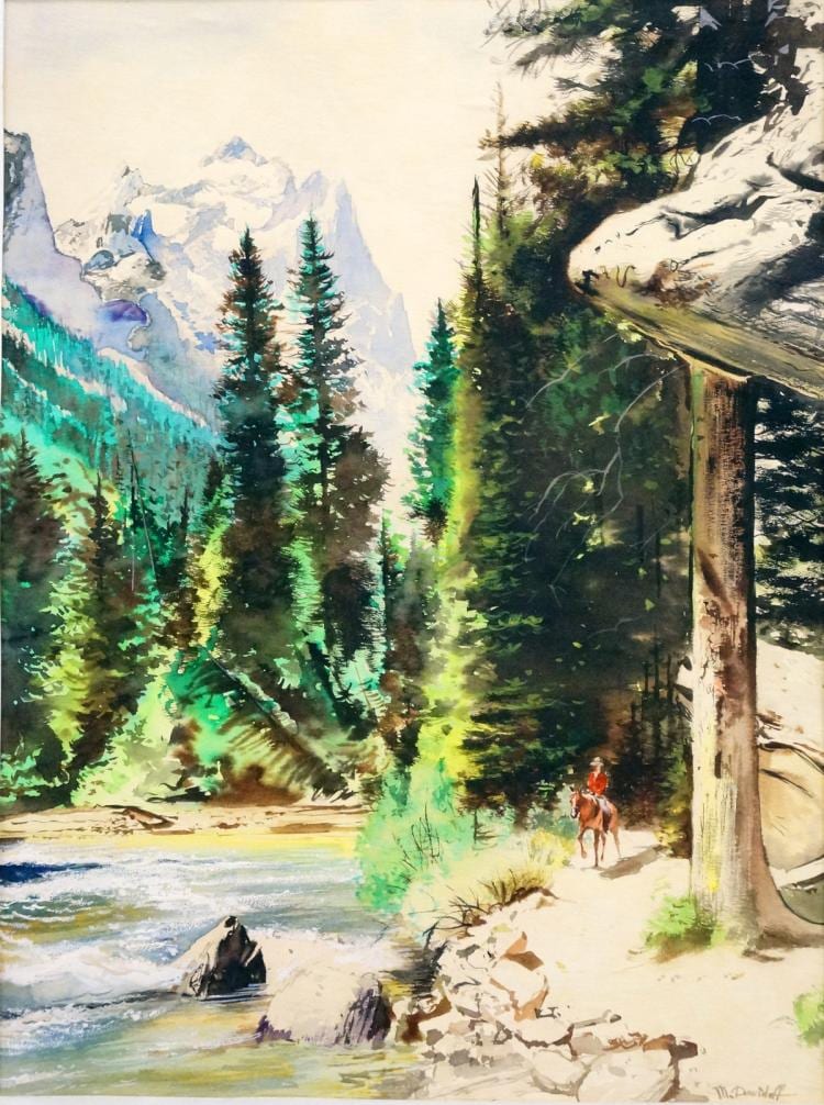 Michael Davidoff comparable auction result: michael davidoff french american 1944 watercolor trail riding colorado signed and labeled 16 x 12 framed and glazed 22 x 18