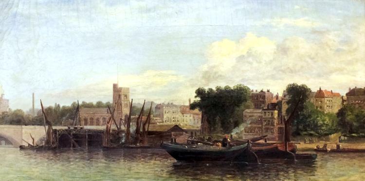 arthur gordon 1868 oil painting river scene with barges and other boats church and town to background canvas 12ins x 24ins signed and dated 1886 in gilt moulded frame · Canterbury Auction Galleries · 2016-08-02 Gordon Arthur Meadows comparable auction result: arthur gordon 1868 oil painting river scene with barges and other boats church and town to background canvas 12ins x 24ins signed and dated 1886 in gilt moulded frame