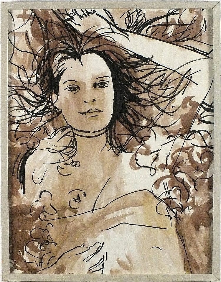 Joan Riley comparable auction result: joan riley 1920 2015 ink wash come pretty one half portrait insc