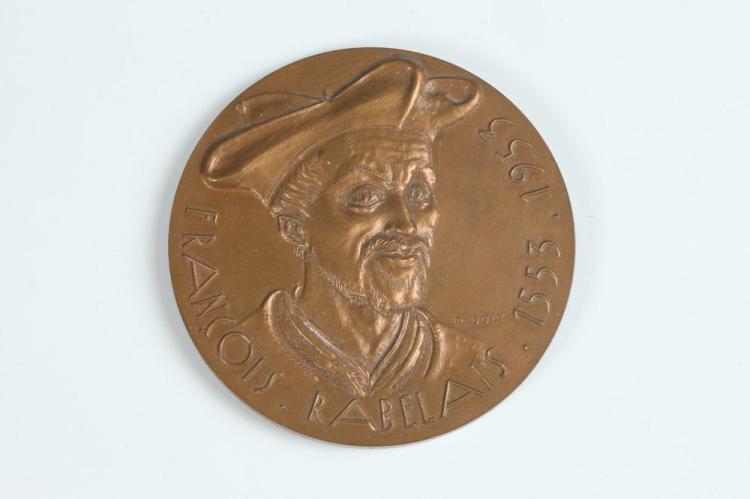 Raymond Joly comparable auction result: raymond joly french 1911 2006 francois rabelais bronze relief medallion obverse profile of the french writer reverse bottle full